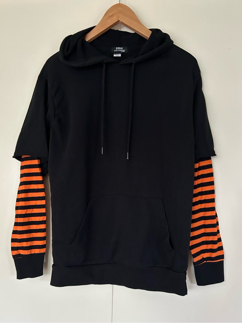 Black Hoodie T-Shirt with Orange & Black Striped Sleeves